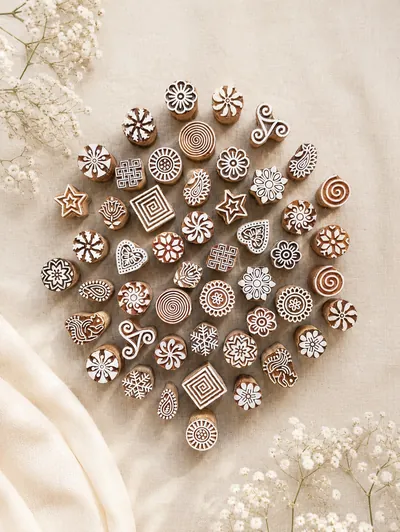 Dozens of assorted small hand-carved wooden printing blocks — florals, spirals, paisleys, stars and hearts
