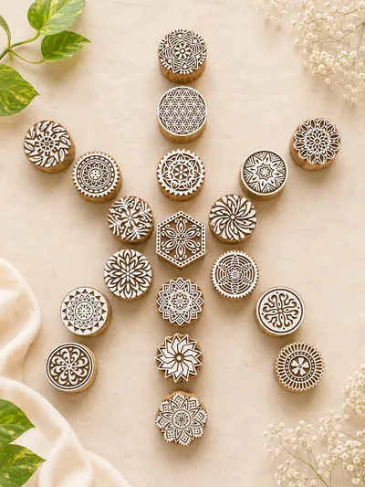 Hand-carved circular wooden printing blocks with mandala motifs