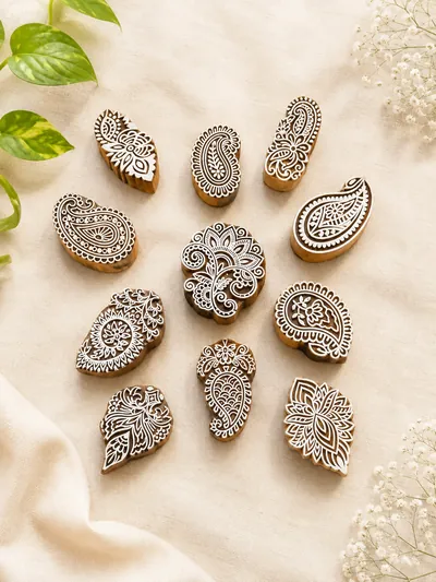 Paisley and floral motif hand-carved wooden printing blocks