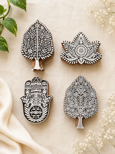 Large premium hand-carved blocks — tree of life, lotus and hamsa designs