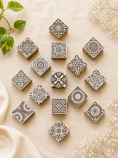 Square hand-carved wooden printing blocks with geometric tile patterns
