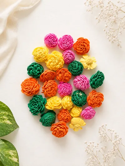 Small hand-dyed sola dahlias in pink, orange, yellow and green