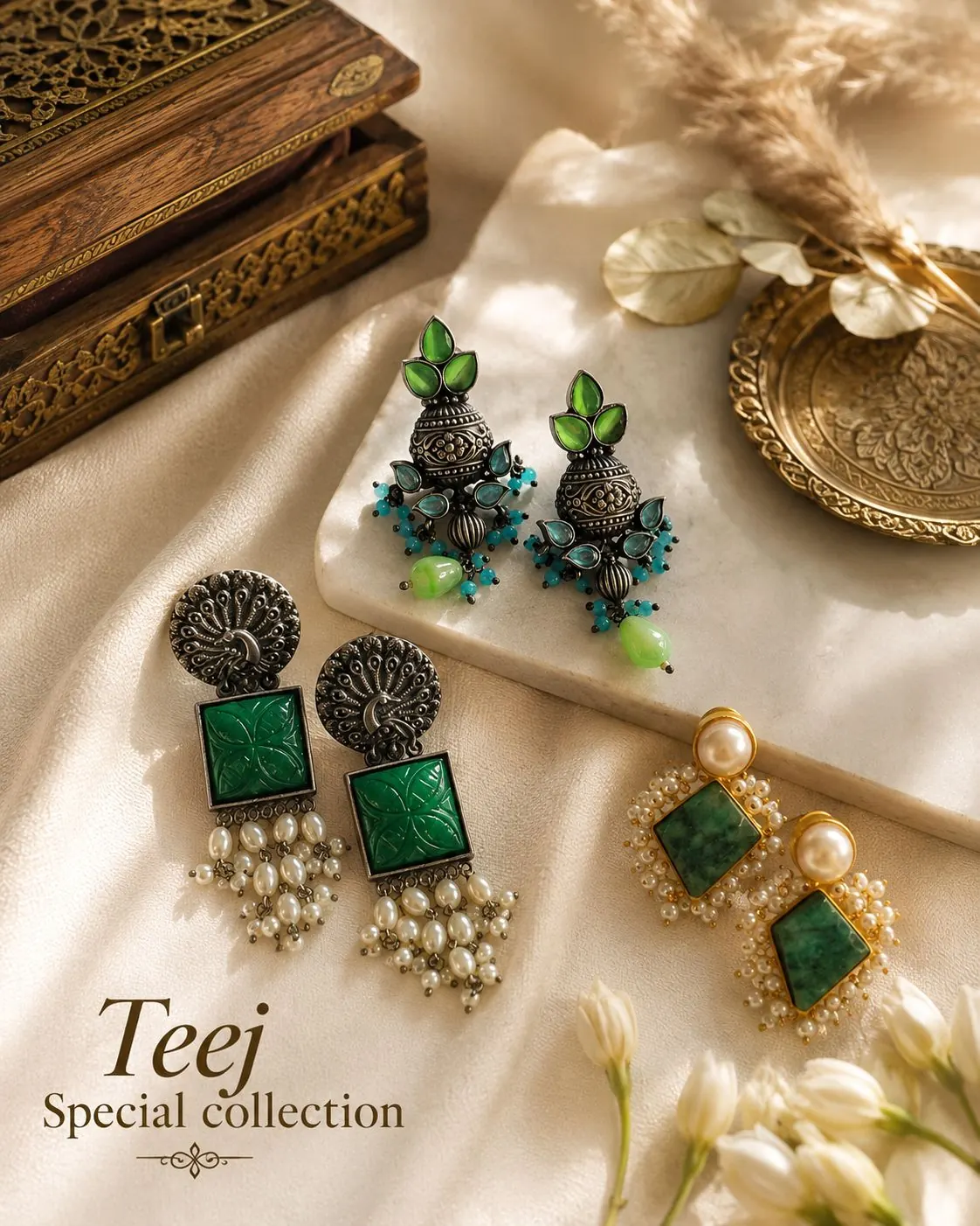 Trivam jewellery campaign — silver earrings with pearls styled with a traditional kasavu saree