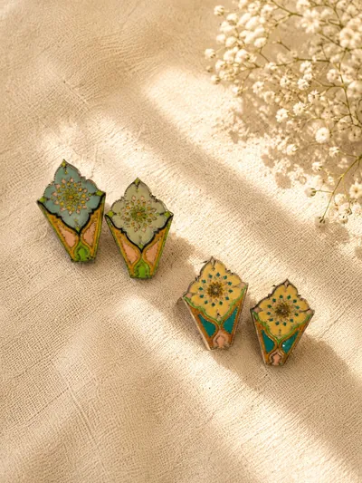 Mehraab — hand-enamelled meenakari stud earrings in pastel blues and yellows