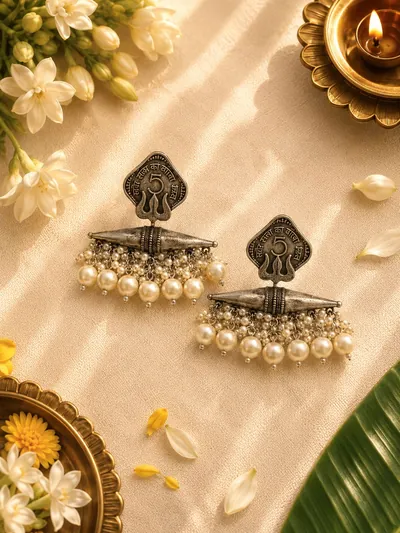 Nishaan — oxidised silver coin earrings with clustered pearls